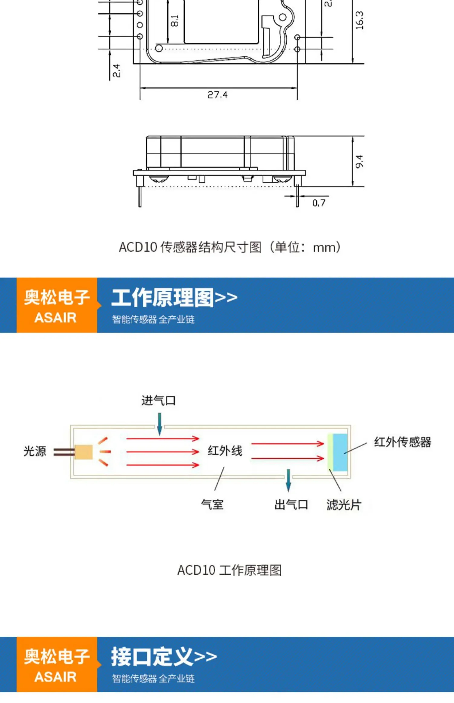 적외선 이산화탄소 센서 모듈 NDIR 고정밀 CO2 농도 감지 ACD10 5000ppm