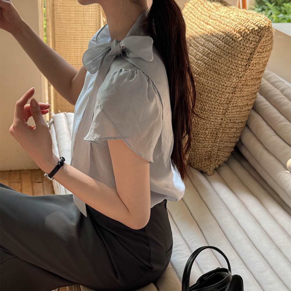 텐셀 튤립소매 시스루 타이 반팔 블라우스 이미지 7