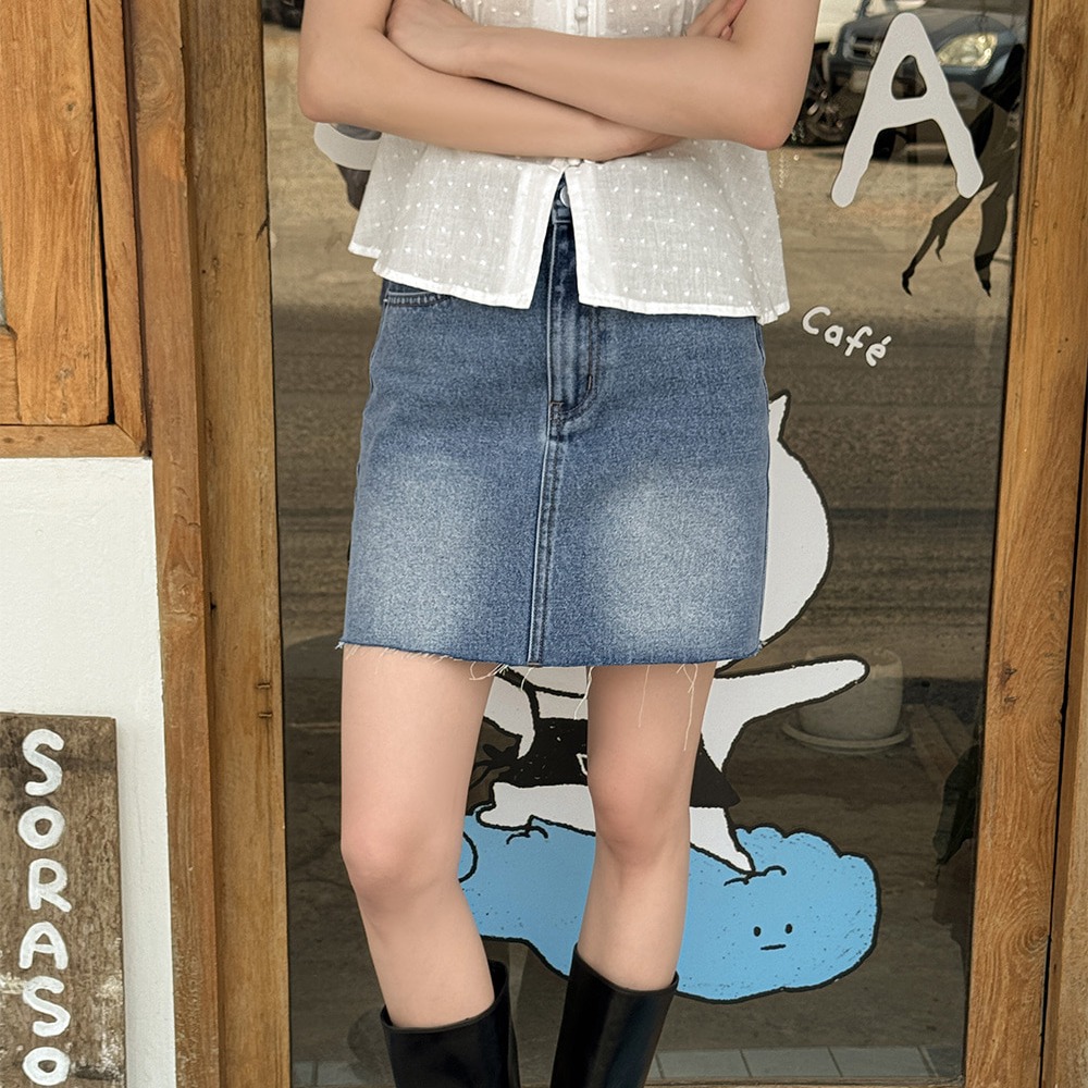 H라인 워싱 커팅 데님 미니 스커트 라이트블루 - 상세 이미지 2
