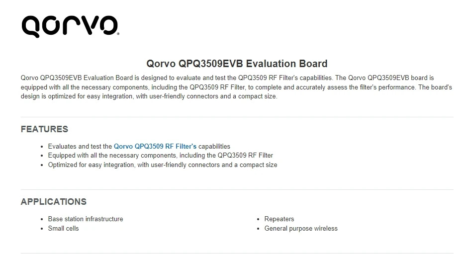 QPQ3509EVB-01 RF 필터 평가 보드 개발 도구