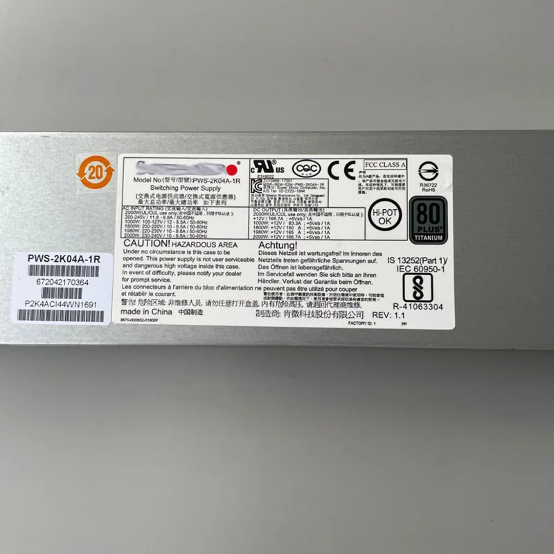 Supermicro PWS-2K04A-1R 2000W 80 Plus 티타늄 1U 전원공급장치 PSU원본