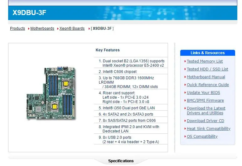 슈퍼마이크로 마더보드X9DBU-3F LGA1356 제온 프로세서 E5-2400 V2 i350 듀얼 포트 GbE LAN
