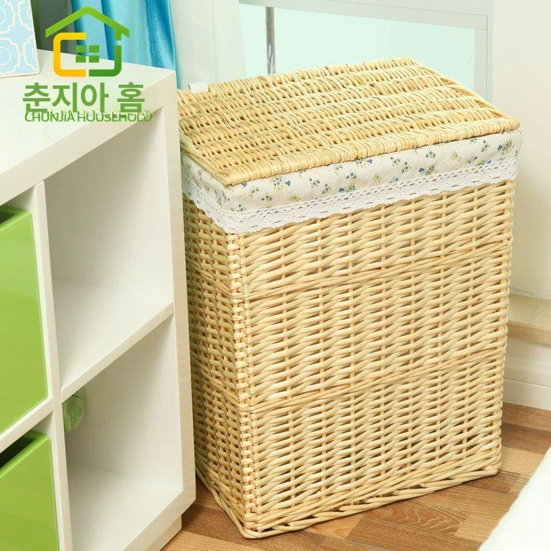 원형 빨래바구니 뚜껑 손잡이 정리 라탄바구니 세탁물 수납함 빈티지 욕실 다용도 - 상세 이미지 5