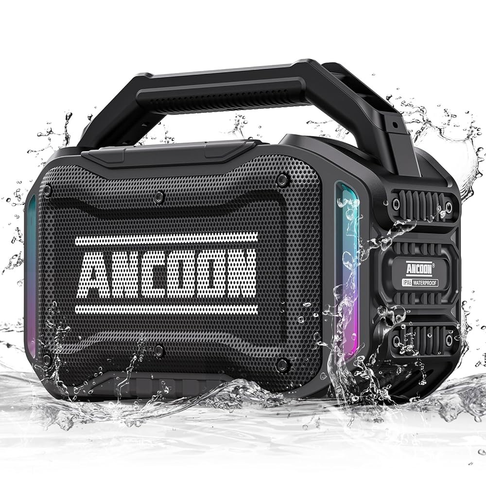 ANCOUN 스피커 블루투스 무선 베이스 포함 80W(피크) 라우드 스피커, 20시간 재생 시간, IPX6 방수, 업무용 대형 작업장 실외, 작업장, 차고, TWS 휴대용 스피커( - 상품 이미지