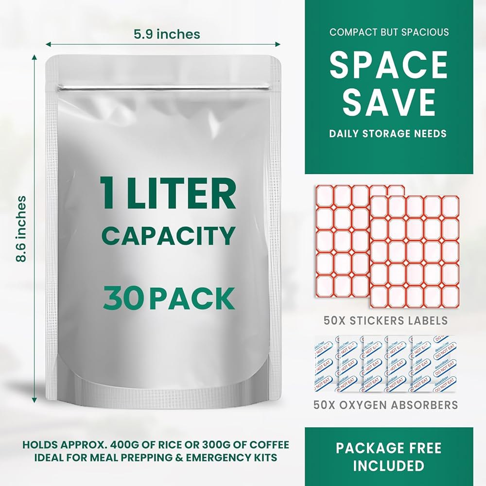 식품 보관용 1리터 마일라 백, 300cc 산소 흡수제, 라벨, 추가 두께 9.5밀리리터, 재밀봉 가능, 스탠드 업, 지퍼, 장기 보관용, 허브, 스낵, 열 밀봉 가능(90개) - 상세 이미지 2