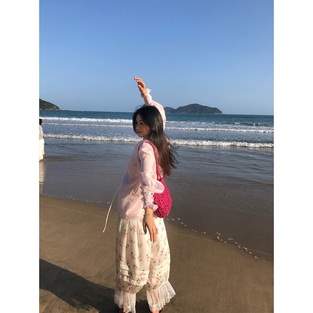 헨리넥 모시100 긴팔블라우스 끈달린 유니크 루즈핏 꽃자수 러플손목디자인 여름 연핑크 - 상세 이미지 5