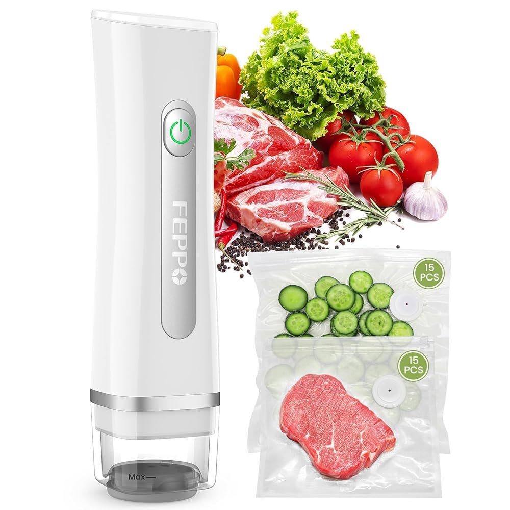 보이는 물탱크가 있는 식품용 FEPO 진공 밀봉기, 6배 보존 및 신선하고 흰색의 재사용 가능한 30개의 가방이 휴대용 세이버 컴팩트 밀봉기 Transparent 30bags(m) - 상품 이미지
