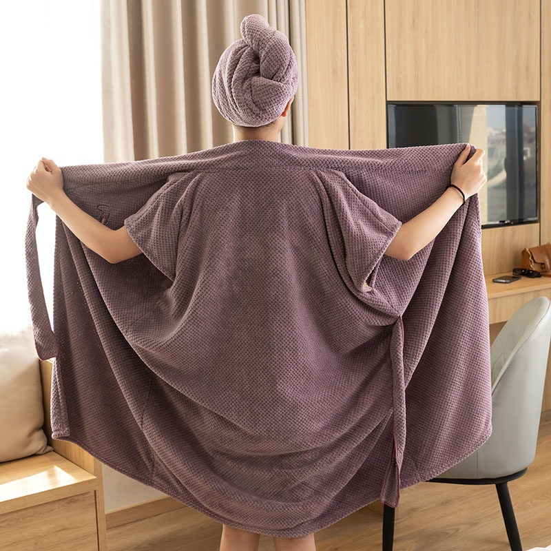 샤워 가운 원피스 여성용 보라색 부드러운 극세사 흡수 빠른 반팔 랩형 목욕 가운 로브 - 상세 이미지 3