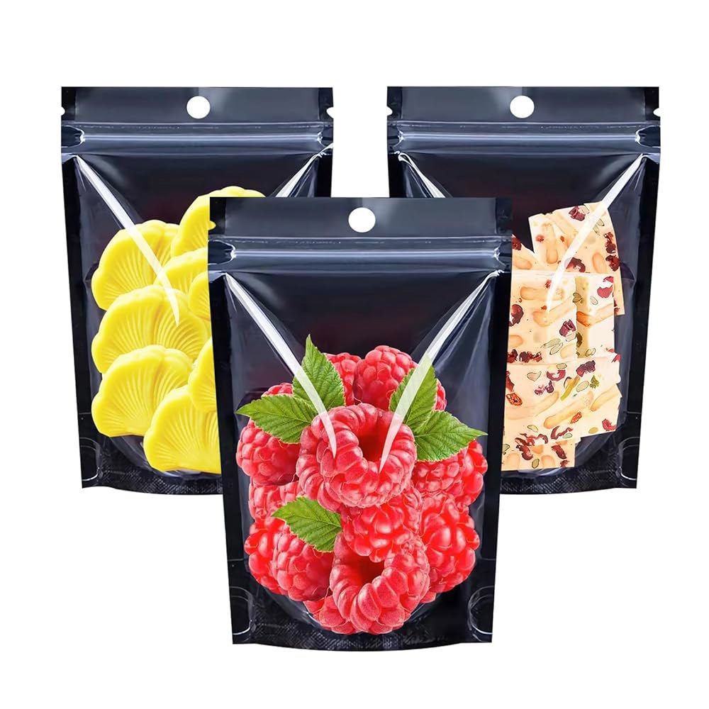 100PCS 재밀봉 가능한 마일라 식품 보관 가방, 투명 전면 창문이 있는 검은색 냄새 방지 포일 백, 6.3X9.5인치 스탠드업 파우치, 중소기업, 커피, 파티용 쿠키용 재사용 - 상품 이미지