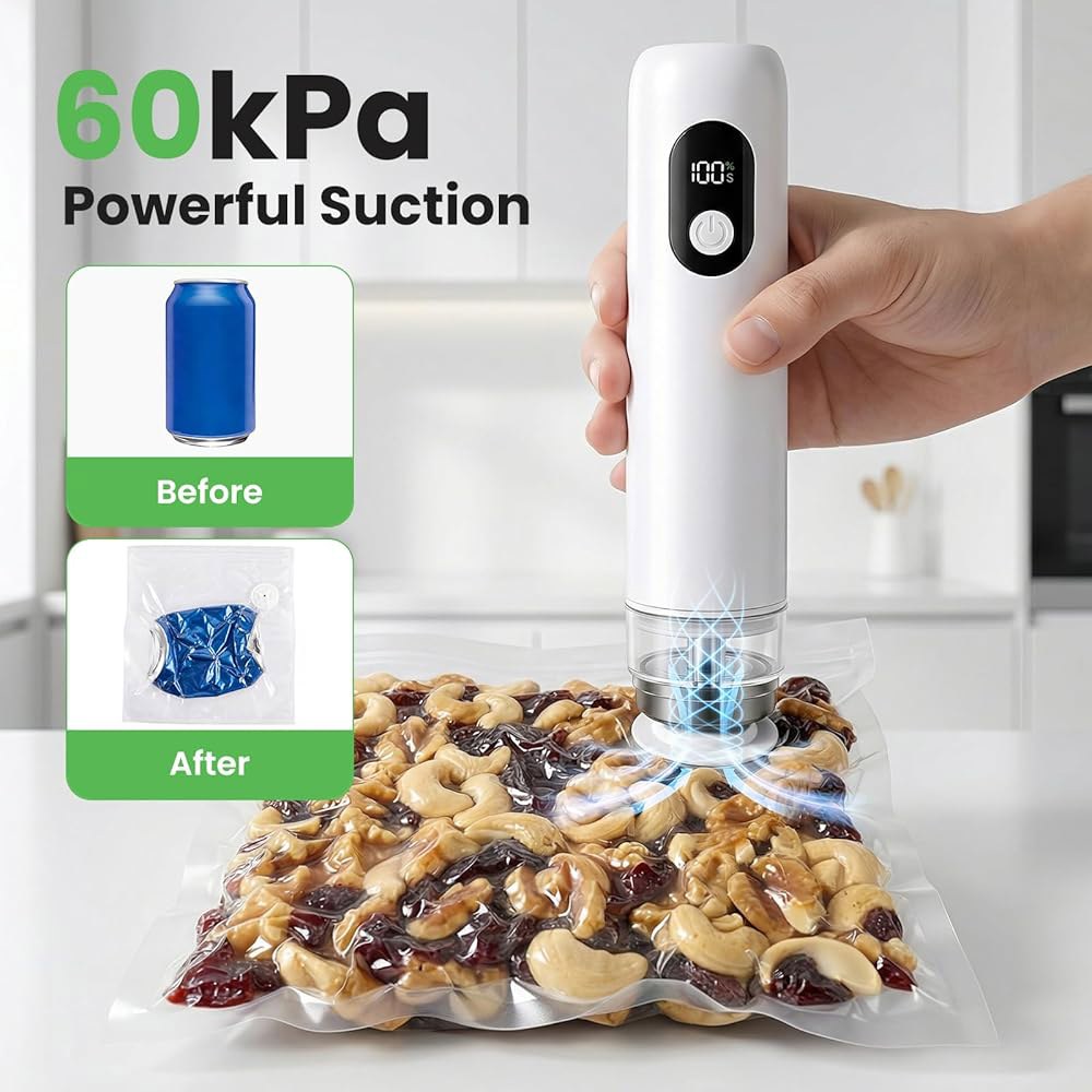 휴대용 핸드헬드 진공 실러, 가정 및 여행용 무선 식품 실러 기계, 음식용 1500mAh 60kPa 충전식 30봉지 포함, RV, 캠핑 식사 준비용 - 상세 이미지 3
