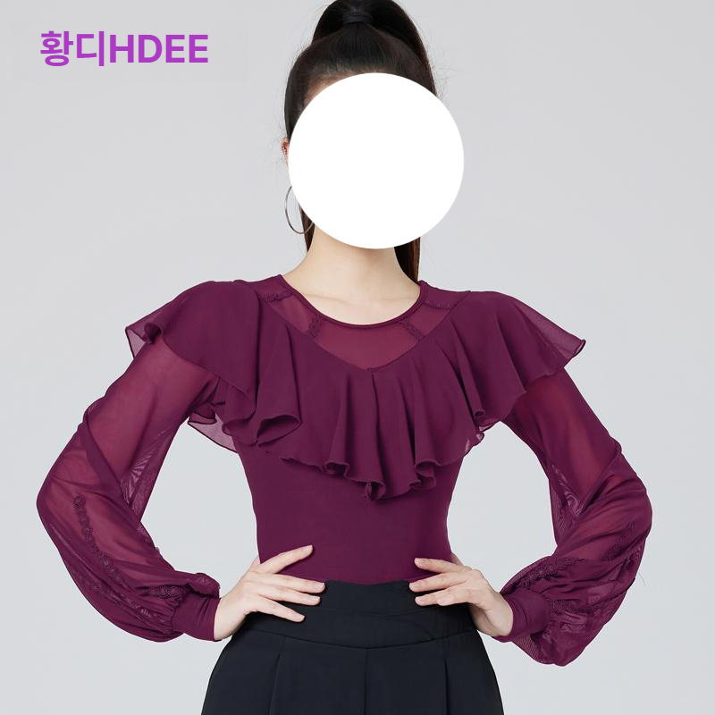 라틴댄스 상의 긴팔 줌바 블라우스 시스루 공연 블랙 (허리 연결 없음) M - 상세 이미지 2