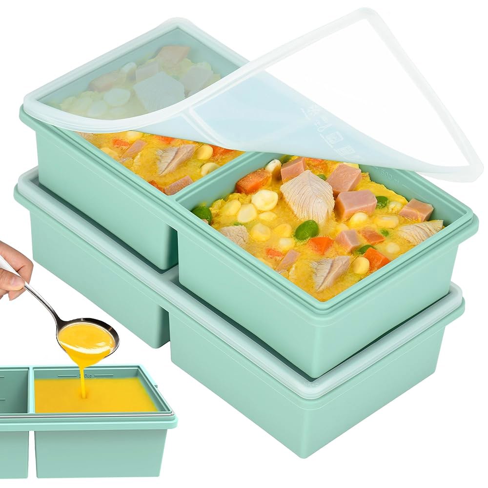 뚜껑이 있는 실리콘 냉동 트레이 2컵, 수프 몰드, 쉽게 준비할 수 양의 식사, 수프, 라자냐, 남은 음식, 소스 및 기타 요리를 보관하기에 적합, 식기세척기, 오븐 안전 - 상품 이미지