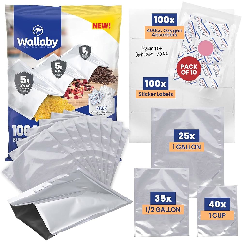 왈라비 100ct 멀티 사이즈 마일라 백, 400cc 산소 흡수기, 10밀 두께, 1-Gal 10x14, 1-Qt 8x12, 1/2-Pt 6x8, 열 밀봉 가능, 밀폐 평평한, - 상품 이미지