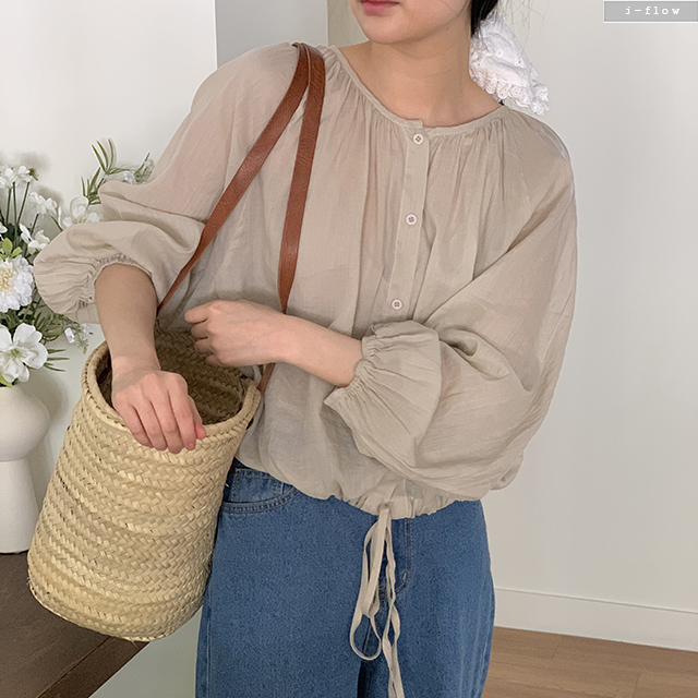 레이퍼 라운드 셔링 린넨 스트링 블라우스 4col 봄 여름 스트랩 루즈핏 벌룬 제이플로우 - 상세 이미지 5