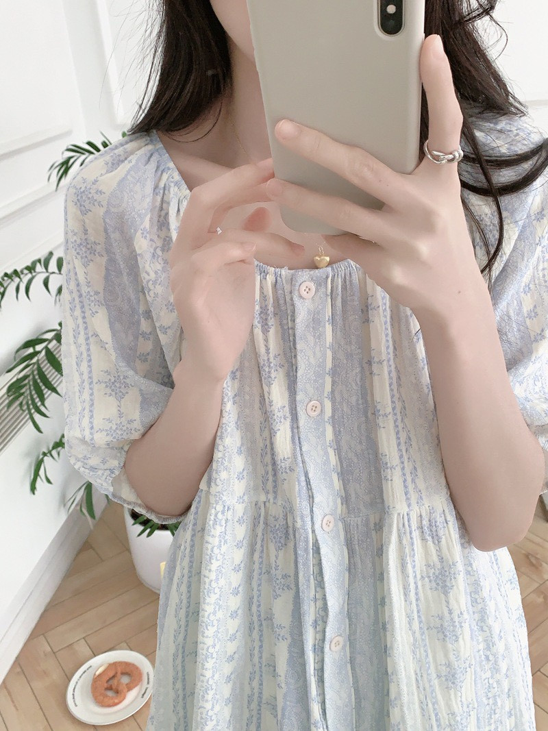 라운드넥 반팔잠옷 반바지 노카라 플라워 순면 거즈면 수유 홈웨어 파자마 여름 - 상품 이미지