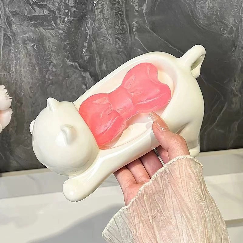 고양이모양 비누 받침대 귀여운 도자기 세라믹 경사형 물빠짐 배수구멍 위생적인 솝 거치대 - 상세 이미지 5