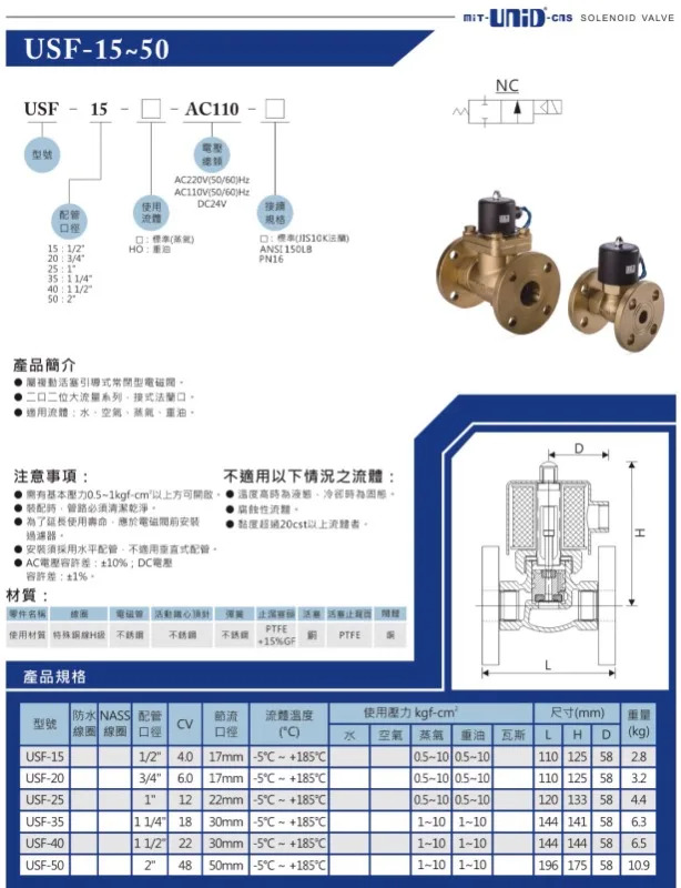 USF-15 US-50F플랜지 솔레노이드 밸브 대만 Dingji US-25F UNID