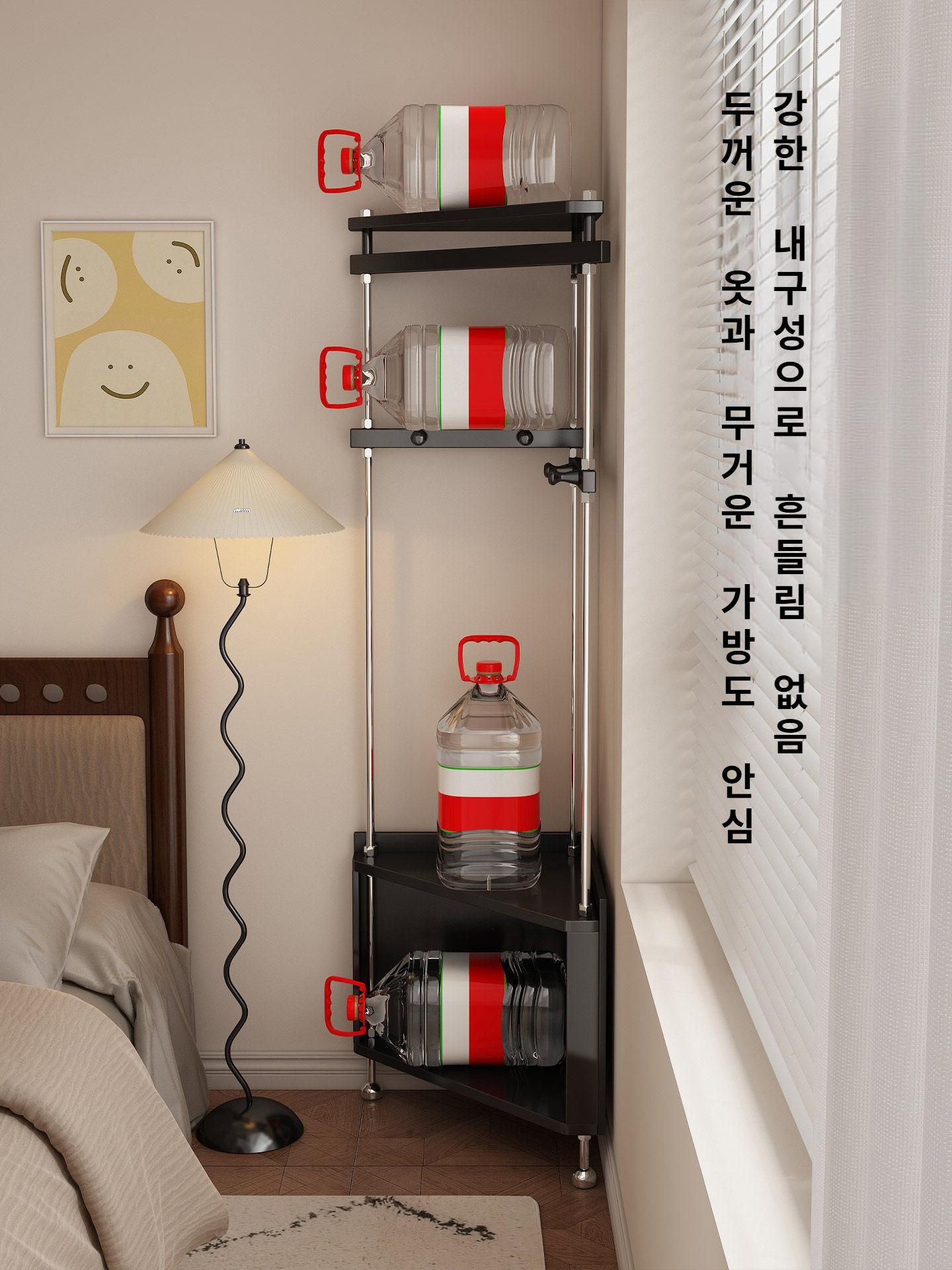 코너형 옷걸이 선반 공간절약 침실 옷정리 행거 침대옆 옷보관 다기능 고무나무 스테인리스 - 상세 이미지 3