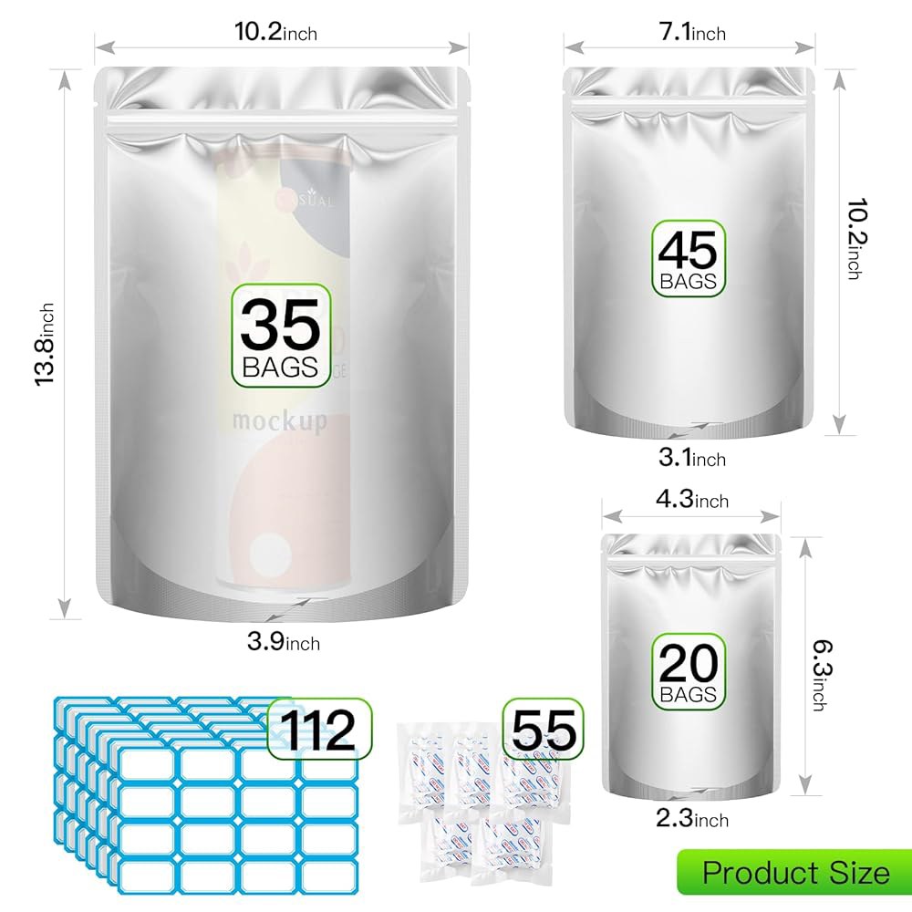 400cc 산소 흡수제가 포함된 100PCS 마일라 백, 1180밀리리터 더 두꺼운 장기 식품 보관 가방, 1갤런 10x14 6x9 4x6 밀폐형 지퍼 재밀봉 가능 냄새 방지 포장 - 상세 이미지 3