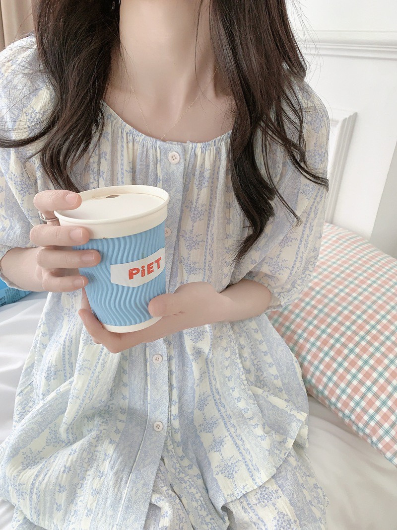 라운드넥 반팔잠옷 반바지 노카라 플라워 순면 거즈면 수유 홈웨어 파자마 여름 - 상세 이미지 5