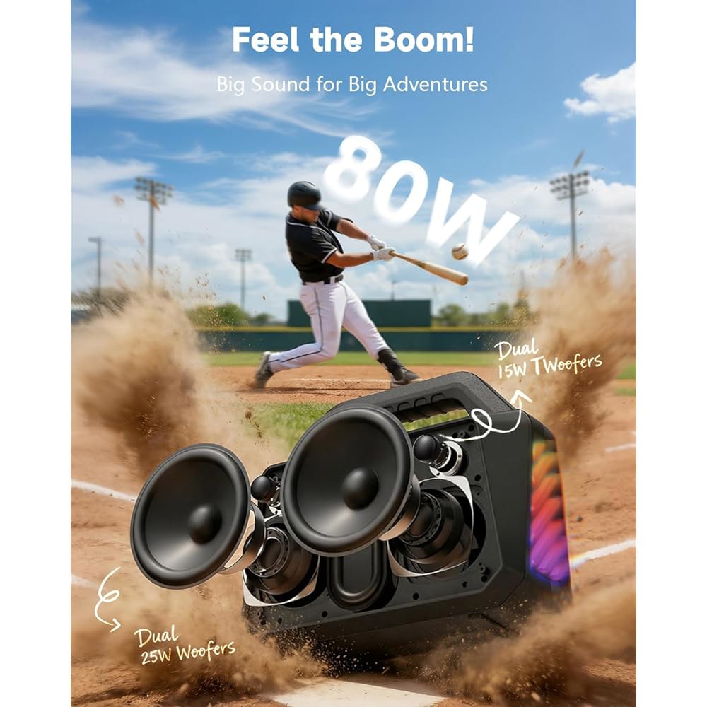 TPWIN 블루투스 스피커 - 80W 라우드 러기드 아웃도어 스피커, IPX6 방수, 20H 플레이타임, 딥 베이스, 라이트쇼, TWS, BT 5.3 무선, 여행용 하이킹 캠핑 - 상세 이미지 2