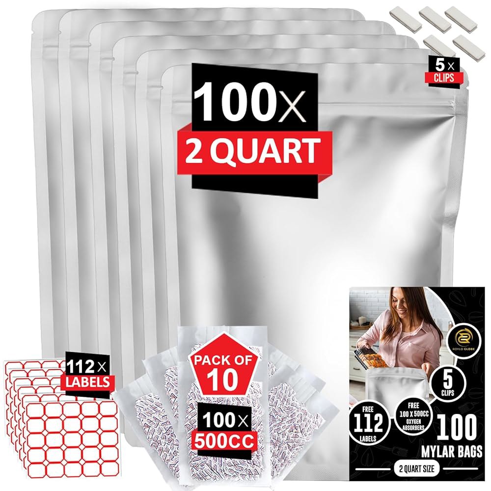 500cc 산소 흡수제가 포함된 2쿼터 마일라 백 100개-112 라벨 & 스탠드업 재사용 가능한 밀폐형 장기 식품 보관 리셀링 5개 클립 - 1,000밀리리터 대형 - 상품 이미지