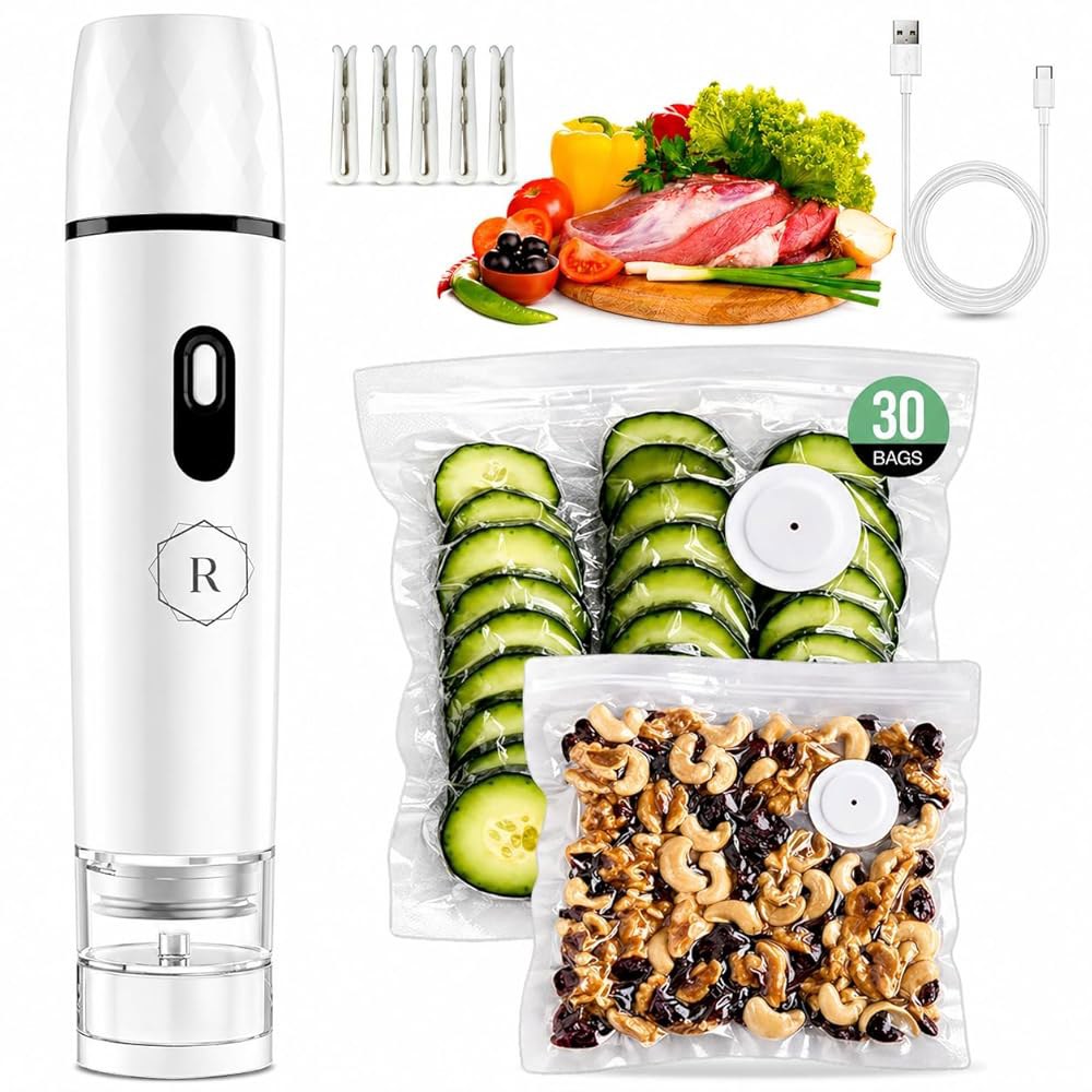 음식용 컴팩트 진공 밀봉기 - BPA가 없는 재사용 가능한 가방 30개와 클립 5개가 포함된 강력한 휴대용 밀봉기, 식사 준비, 냉동실 및 여행용 탈착식 수분 탱크가 있는 충전식 - 상품 이미지