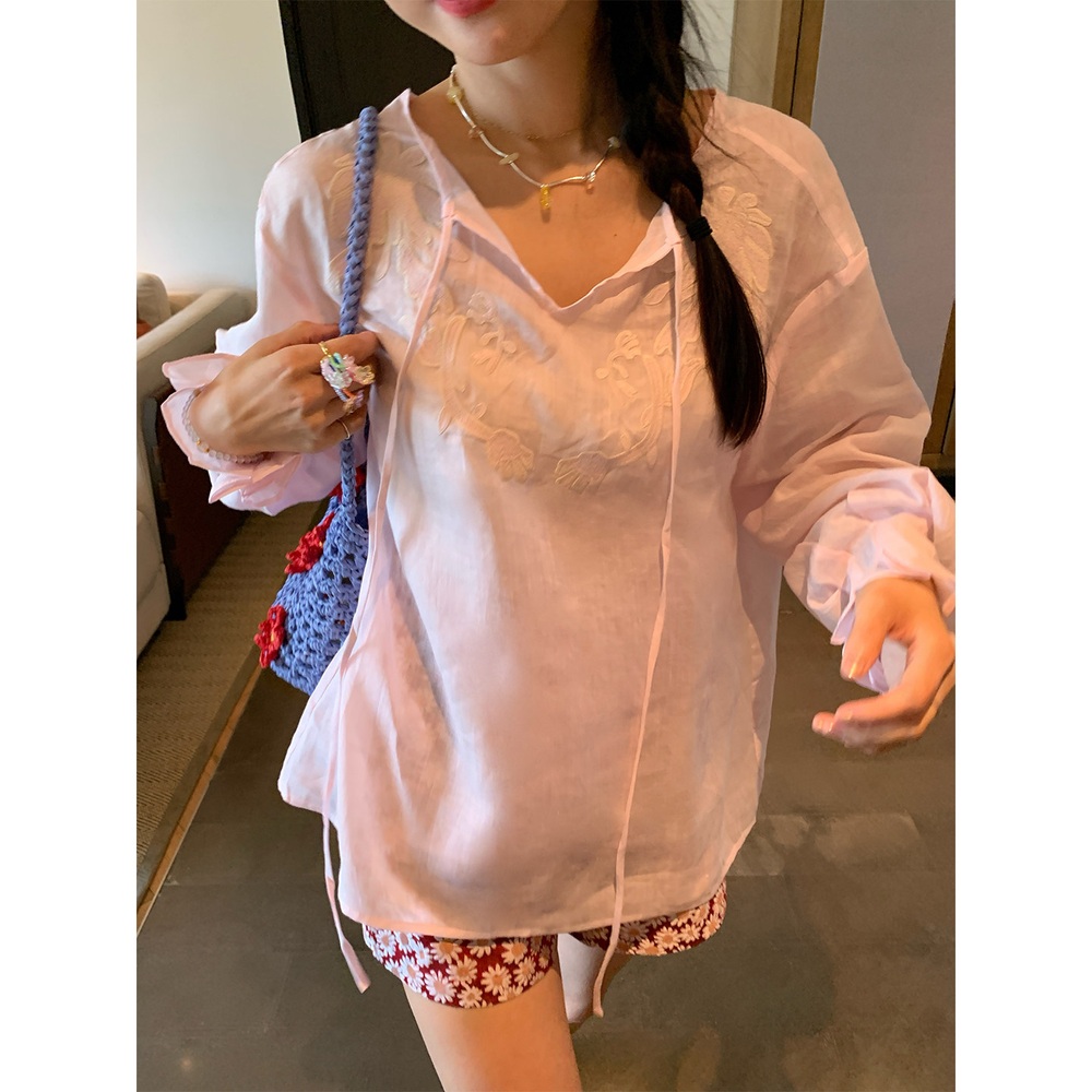 헨리넥 모시100 긴팔블라우스 끈달린 유니크 루즈핏 꽃자수 러플손목디자인 여름 연핑크 - 상세 이미지 3
