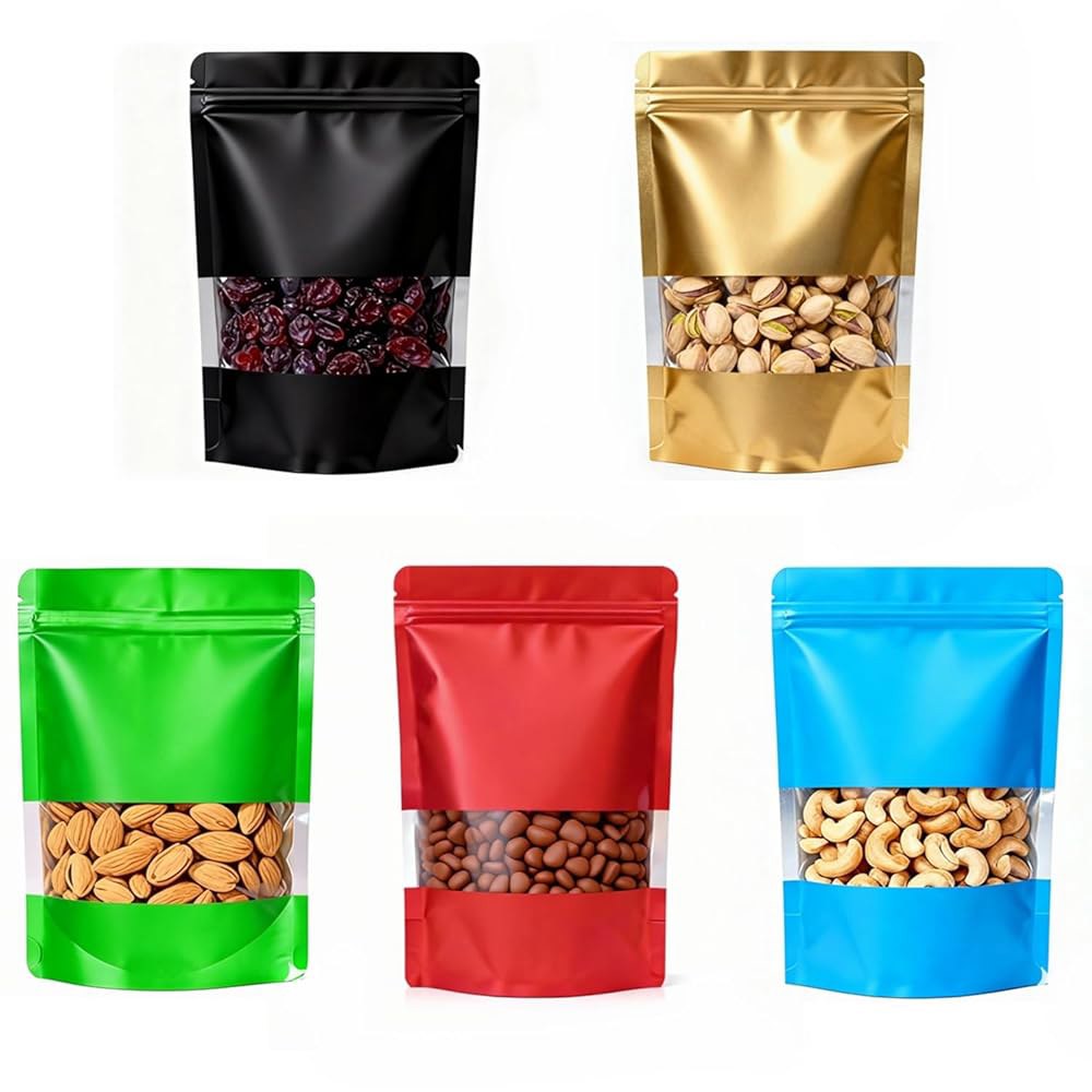 식품 보관용 매트 창문이 있는 100pcs 4 x6 마일라 가방, 가정용 중소기업용 5가지 색상 혼합 냄새 방지 가방 재봉입식 보관 포장용 스탠드업 호일 파우치 냉동 건조 캔디 - 상품 이미지