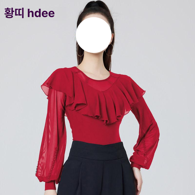 라틴댄스 상의 긴팔 줌바 블라우스 시스루 공연 블랙 (허리 연결 없음) M - 상세 이미지 3