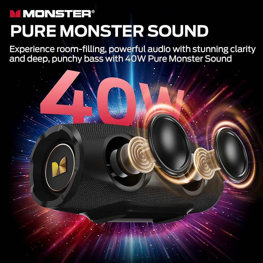 Monster S380 블루투스 스피커, 40W 스테레오 사운드의 휴대용 6.0, 20시간 재생 시간, TWS 페어링, AUX/TF 카드 지원, 가정, 여행, 야외용 IPX6 방수 - 상세 이미지 2