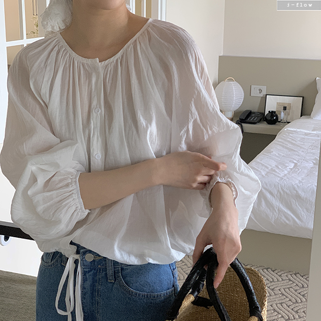 레이퍼 라운드 셔링 린넨 스트링 블라우스 4col 봄 여름 스트랩 루즈핏 벌룬 제이플로우 - 상세 이미지 2
