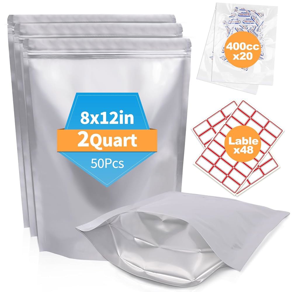 산소 흡수제 및 라벨이 부착된 식품 보관용 넥슬레브백 50PCS 2쿼터 8 X12 마일라 백, 10밀리리터 두께의 재밀봉식 스탠드업 지퍼 장기 열 밀봉식 진공 밀봉 파우치 - 상품 이미지