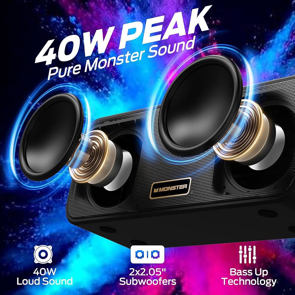 Monster S180 블루투스 스피커, 40W 무선 28H 재생 시간, 스테레오 사운드, 6.0, 지원 AUX, TF, 페어링, 가정용, 실외용 IPX6 방수 스피커 - 상세 이미지 3