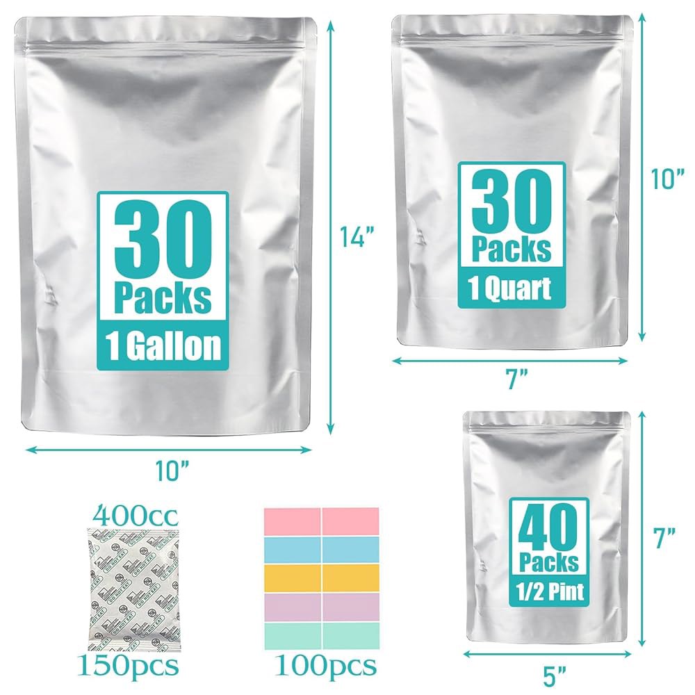 식품 보관용 100pcs 마일라 백 150x400cc 산소 흡수제 및 라벨이 있는 두께 12밀리미터, 3가지 크기(1갤런, 1쿼터, 1/2파인트) - 스탠드업, 재밀봉 장기 열 - 상세 이미지 3