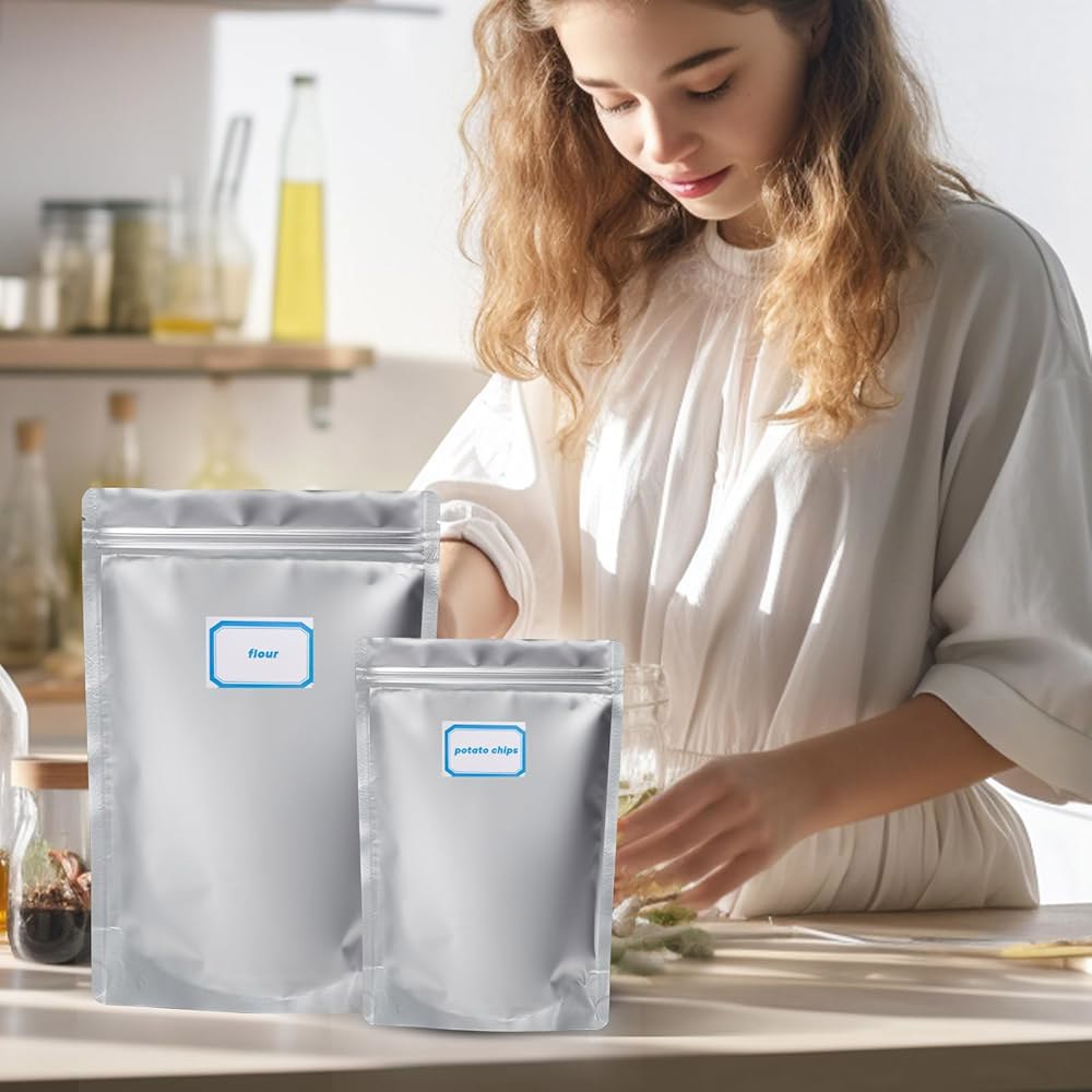산소 흡수제 400cc 및 라벨이 포함된 식품 보관용 60pcs 1쿼터 마일라 백, 장기 용기 세트용으로 재밀봉 가능한 10밀리 - 7x10인치 지퍼 파우치 열 밀봉 가능 - 상세 이미지 2
