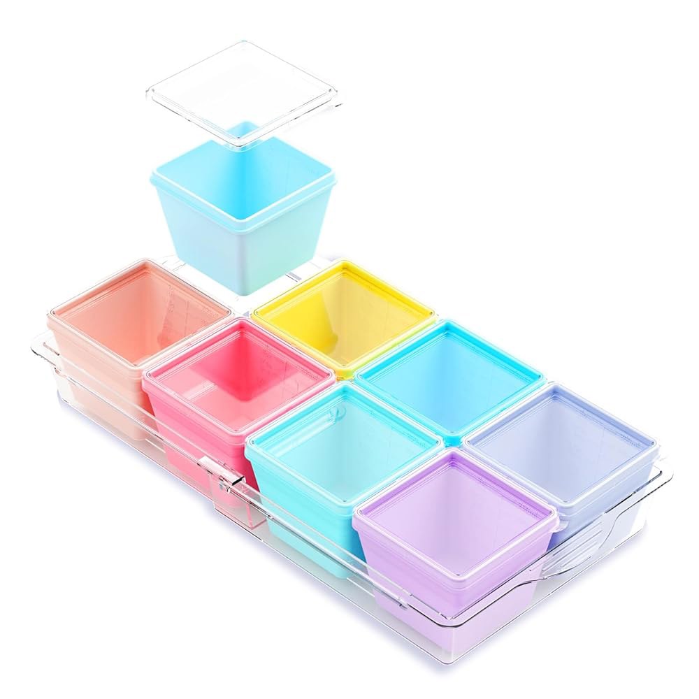 베이스가 있는 Gemice BPA 프리 실리콘 냉동 몰드, 개별 8팩 1컵 부분 수프 큐브 트레이, 식품 보관용 뚜껑, 오븐 및 식기세척기 안전, 식사 준비용 용기 - 상품 이미지