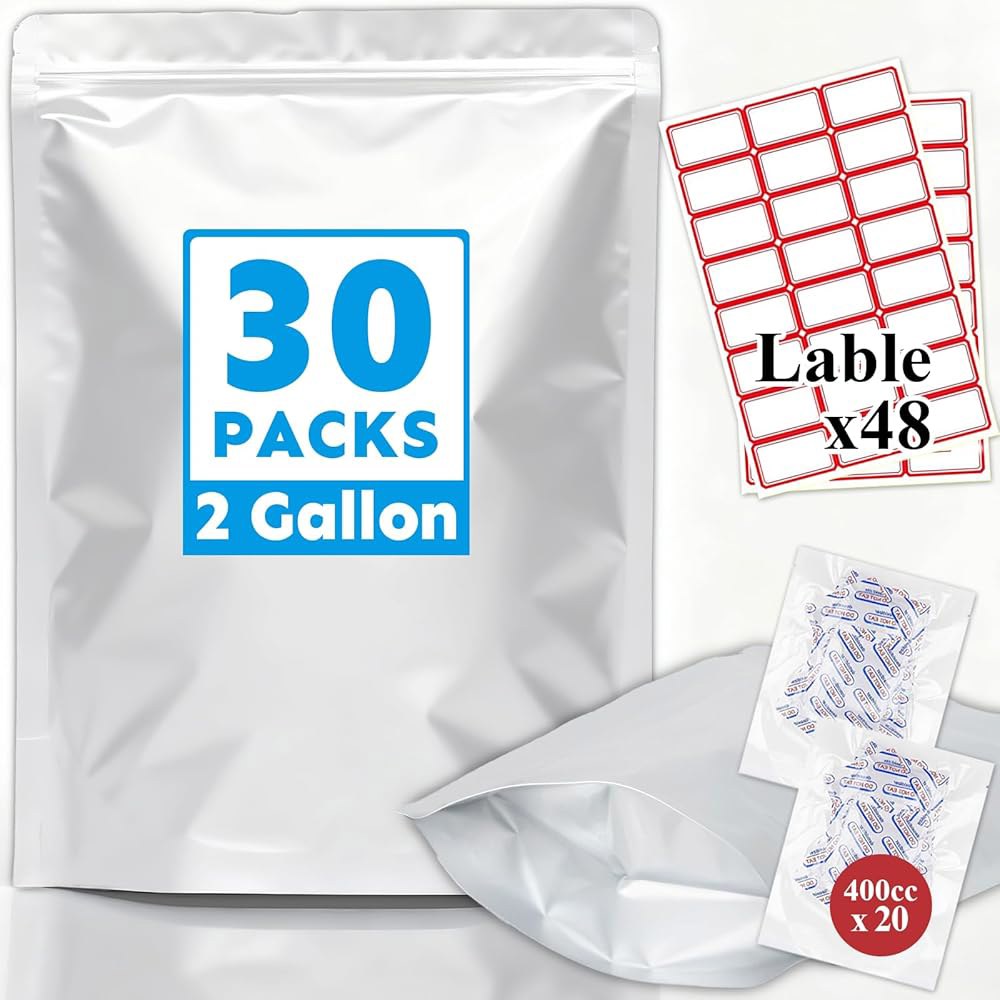 클라우드럭키 마일러 가방 2갤런 30PCS 17 X13 , 산소 흡수제 및 라벨이 부착된 식품 보관용 가방, 1,000밀리리터 두께의 재밀봉 지퍼 열 씰 스탠드, 장기 포장용 파우 - 상품 이미지