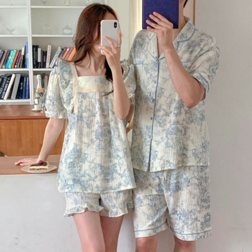 커플잠옷 여름 원피스잠옷 여성 반팔 면 신혼부부 파자마 세트 사진 4