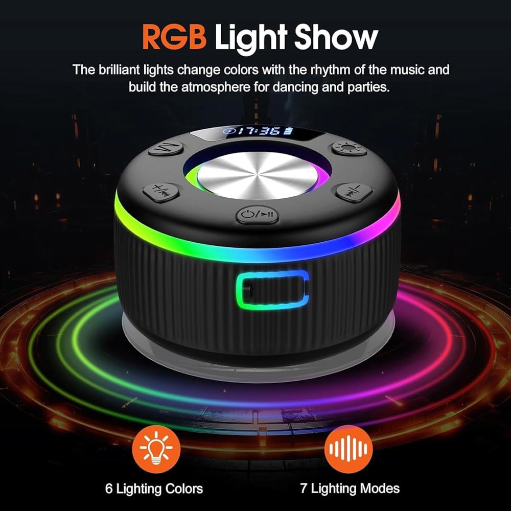 블루투스 샤워 스피커, 흡입 컵이 있는 IP7 방수 휴대용 5.3 RGB 조명 시간 표시가 미니 무선 욕실 해변 야외 파티를 위한 시끄러운 스테레오 사운드 선물 Dark black - 상세 이미지 3