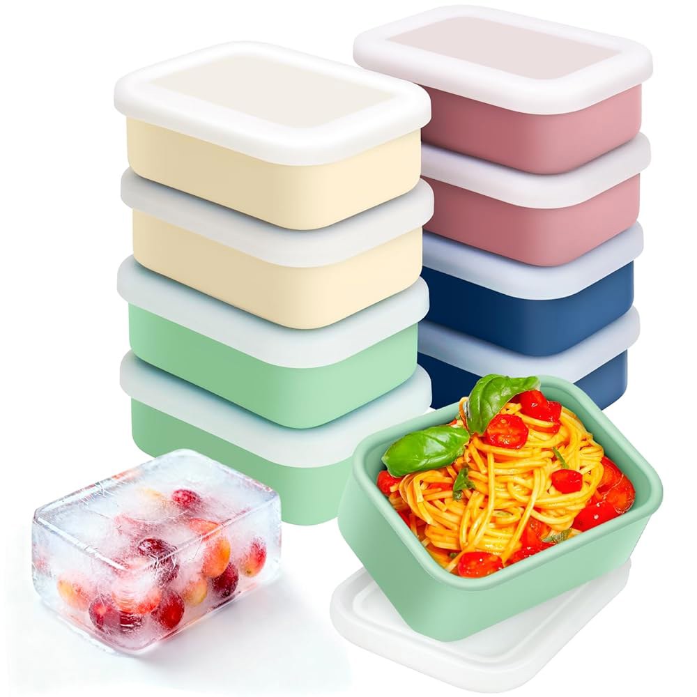 뚜껑이 있는 두수 8 PCS 2컵 실리콘 냉동고 몰드, 식사 준비 몰드 재사용 가능한 식품 보존 트레이 냉동 얼음 수프 소스 스튜 1/2 Cup 8pcs - 상품 이미지