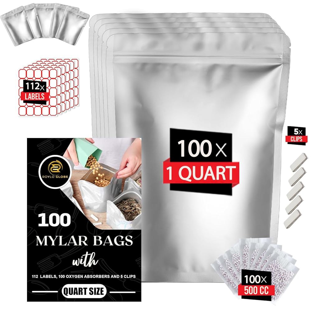 100개의 쿼터 마일라 백에 100 x 500cc 산소 흡수제-112 라벨과 5개의 클립이 있는 재사용 가능한 밀폐 재밀봉 10 MIL 두꺼운 스탠드업 백 - 식품 보관용 대형 - 상품 이미지