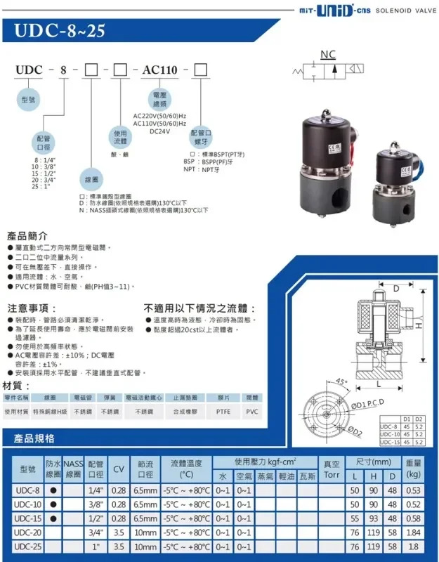 UDC-15 대만 Dingji PVC 솔레노이드 밸브 UDC-8 부식 방지 UDC-10 오리지널
