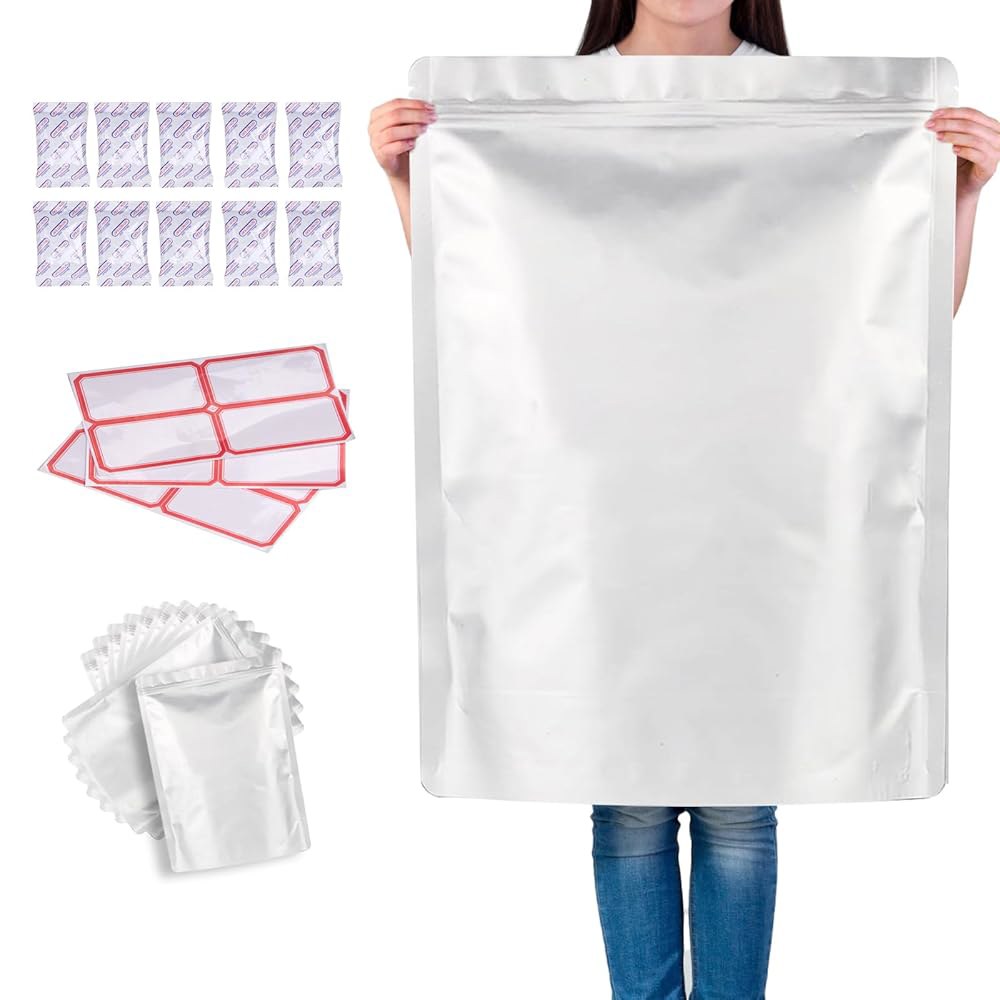 벨린렌 25Pcs 산소 흡수제가 포함된 5갤런 마일라 가방 식품 보관용 가방, 25개의 단일 밀봉된 2500cc 흡수제 및 라벨, 지퍼 재밀봉 가능 가방(10밀리리터 두께) - 상품 이미지
