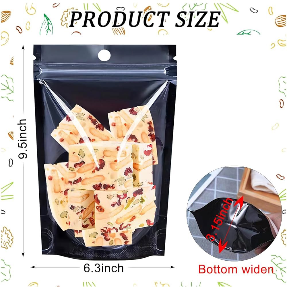 100PCS 재밀봉 가능한 마일라 식품 보관 가방, 투명 전면 창문이 있는 검은색 냄새 방지 포일 백, 6.3X9.5인치 스탠드업 파우치, 중소기업, 커피, 파티용 쿠키용 재사용 - 상세 이미지 3