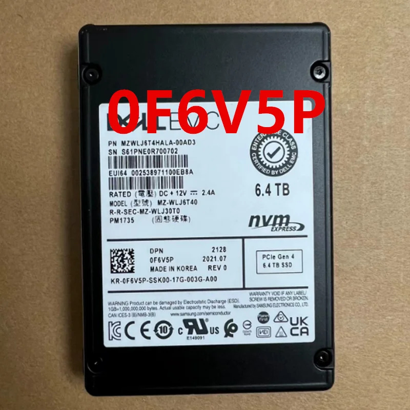 DELL 6.4TB 0F6V5P F6V5P MZ-WLJ6T40거새 원본 솔리드 스테이트 드라이브는 새것처럼 작동