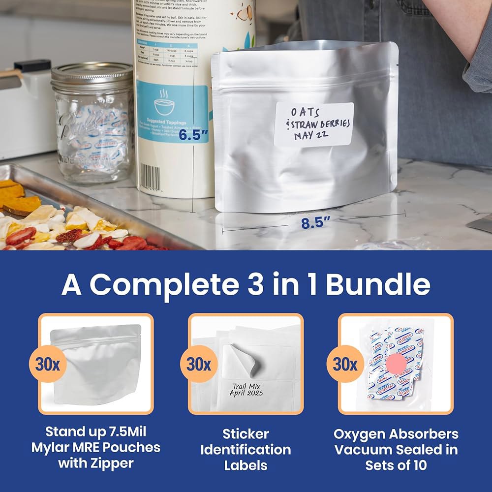 왈라비 30 카운트 MRE 마일라 백, 400cc 산소 흡수제 포함, 총 두께 장기 식품 보관 파우치 1,500만 개, 6.5x8.5 스탠드업 지퍼 열 밀봉 밀폐 포장 - 실버 - 상세 이미지 3