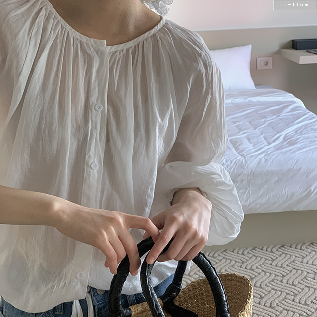레이퍼 라운드 셔링 린넨 스트링 블라우스 4col 봄 여름 스트랩 루즈핏 벌룬 제이플로우 - 상세 이미지 4