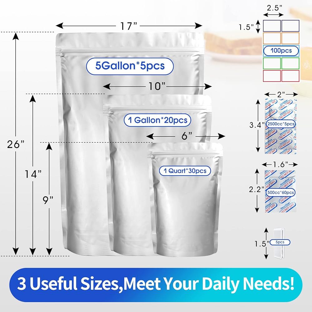 식품 보관용 밀 5갤런 마일라 백 15개, 2500cc 산소 흡수제 포함 - 55팩 백에는 5갤런, 1갤런, 1쿼터, 100개 라벨 및 장기 500cc 흡수제가 포함됩니다 - 상세 이미지 3