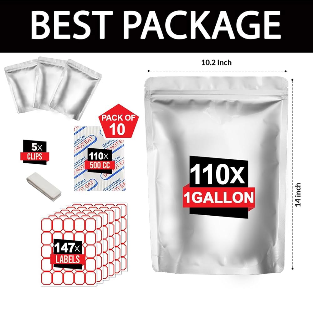 500cc x 110 산소 흡수제가 포함된 110개의 PCS 1갤런 마일라 백 - 147개의 라벨과 10밀리리터 두께의 재사용 가능한 밀폐 재밀봉 봉투, 5개의 클립이 있는 식품 - 상세 이미지 2